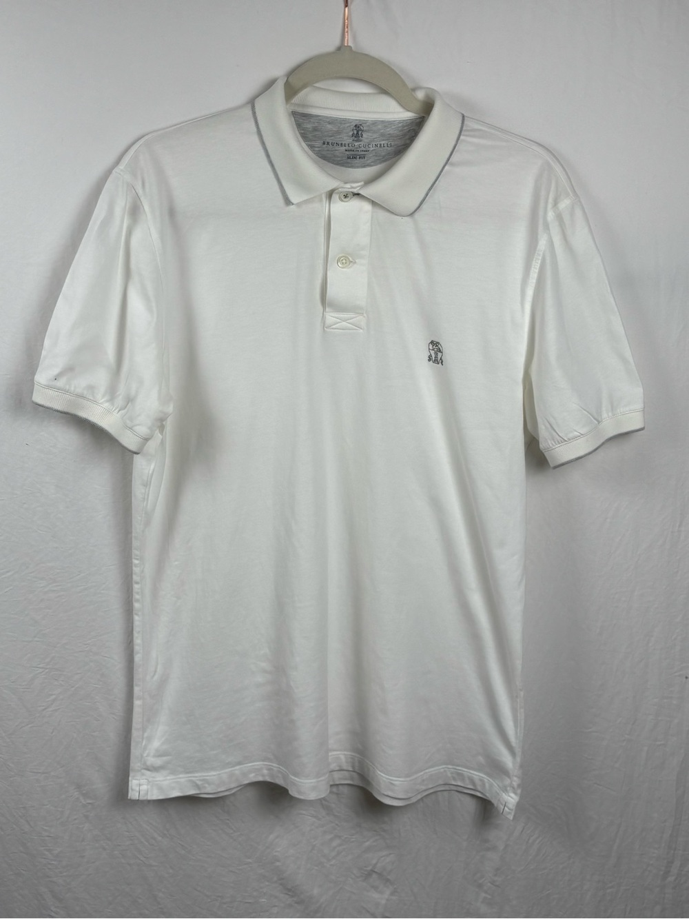 Brunello Cucinelli men’s slim fit Large White Polo w/ Subtle Contrast Trim Luxe